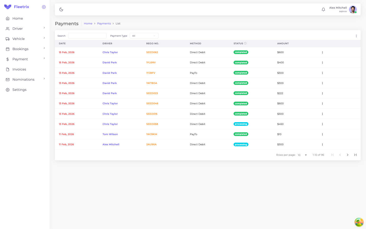 Fleetrix Payment Dashboard